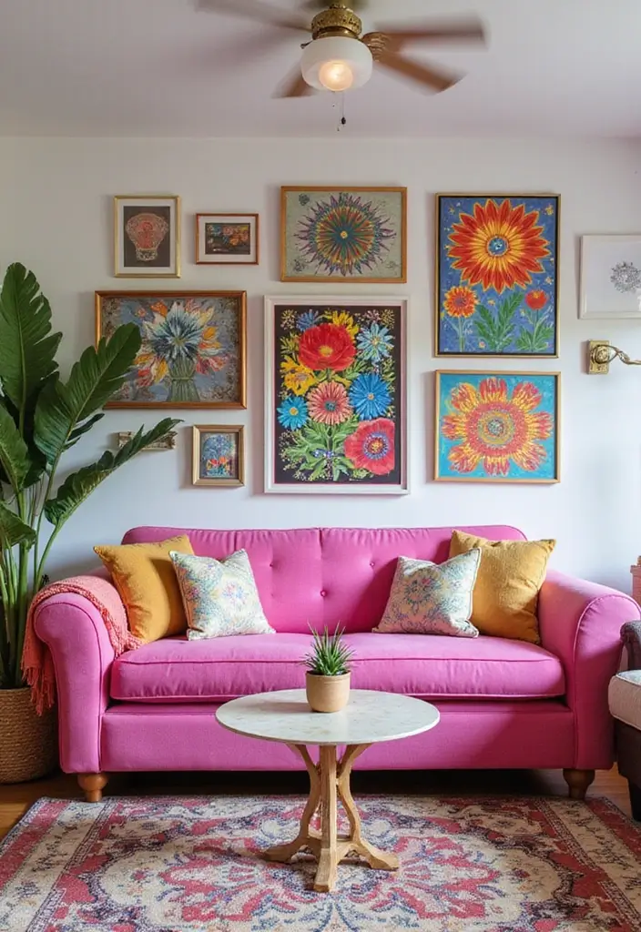 27 Pink Sofa Living Room Bohemian Ideas That Look Amazing 20 27 Pink Sofa Living Room Bohemian Ideas That Look Amazing - 20. Brighten Up with Colorful Art