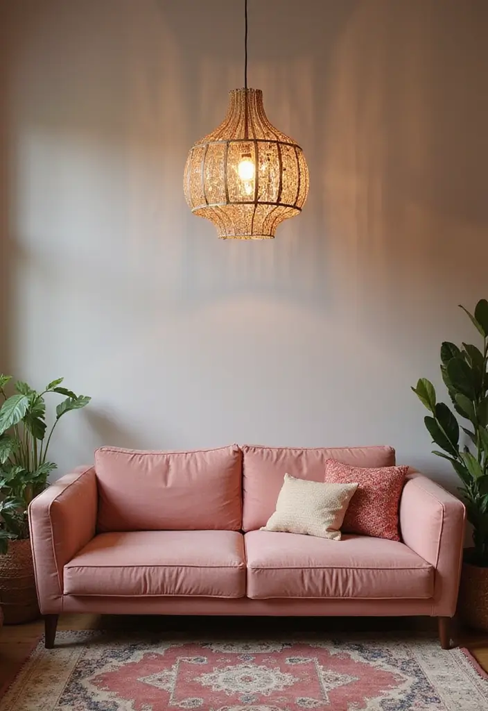 27 Pink Sofa Living Room Bohemian Ideas That Look Amazing 23 27 Pink Sofa Living Room Bohemian Ideas That Look Amazing - 23. A Statement Lighting Fixture
