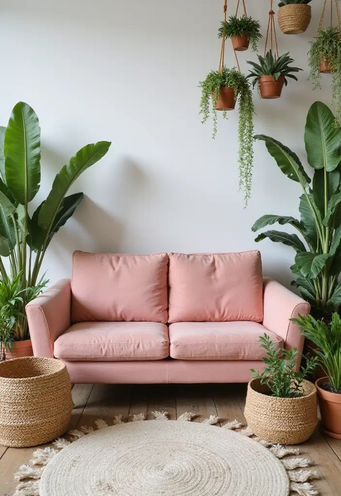 27 Pink Sofa Living Room Bohemian Ideas That Look Amazing 4 27 Pink Sofa Living Room Bohemian Ideas That Look Amazing - 4. Incorporating Natural Elements