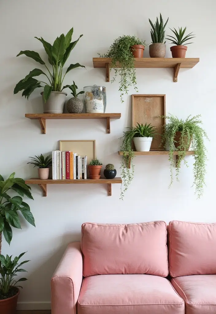 27 Pink Sofa Living Room Bohemian Ideas That Look Amazing 7 27 Pink Sofa Living Room Bohemian Ideas That Look Amazing - 7. Utilizing Wall-Mounted Shelves