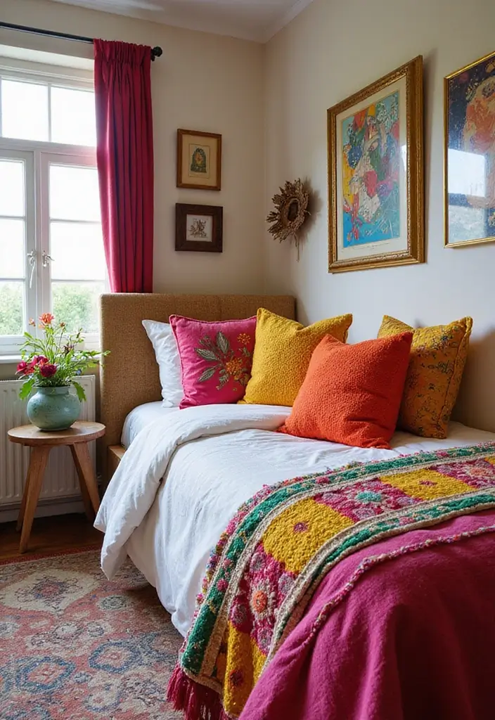 28 Bohemian Bedroom Inspirations That Never Go Out of Style 21 28 Bohemian Bedroom Inspirations That Never Go Out of Style - 21. Brightly Colored Accents