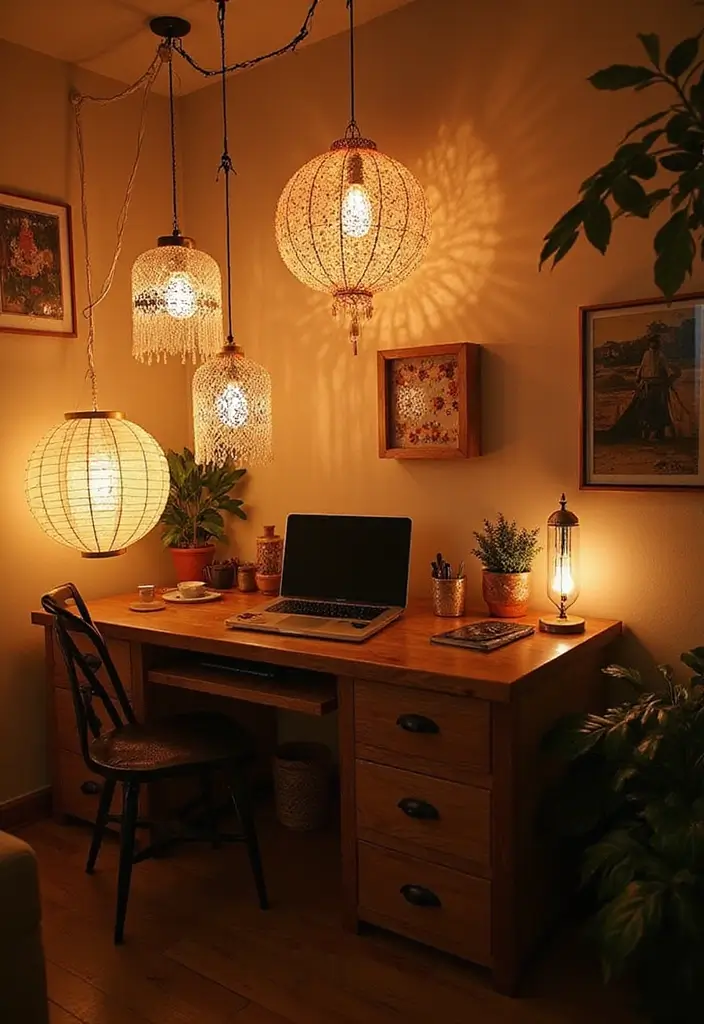 28 Bohemian Home Office Ideas That Spark Creativity - 18. Unique Lighting Decor