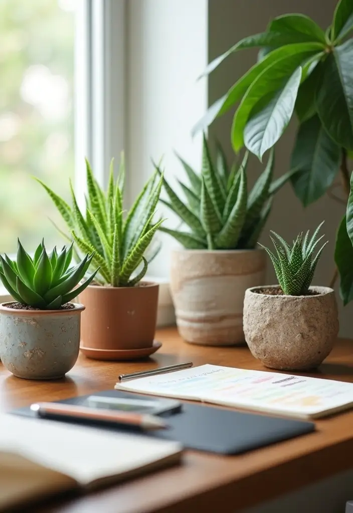 28 Bohemian Home Office Ideas That Spark Creativity - 27. Bohemian-inspired Desk Plants