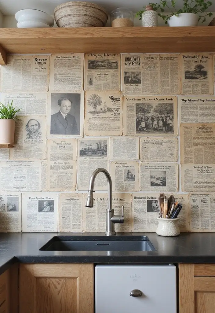 28 Bohemian Kitchen Backsplash Ideas That Pop - 26. Vintage Newspaper Print