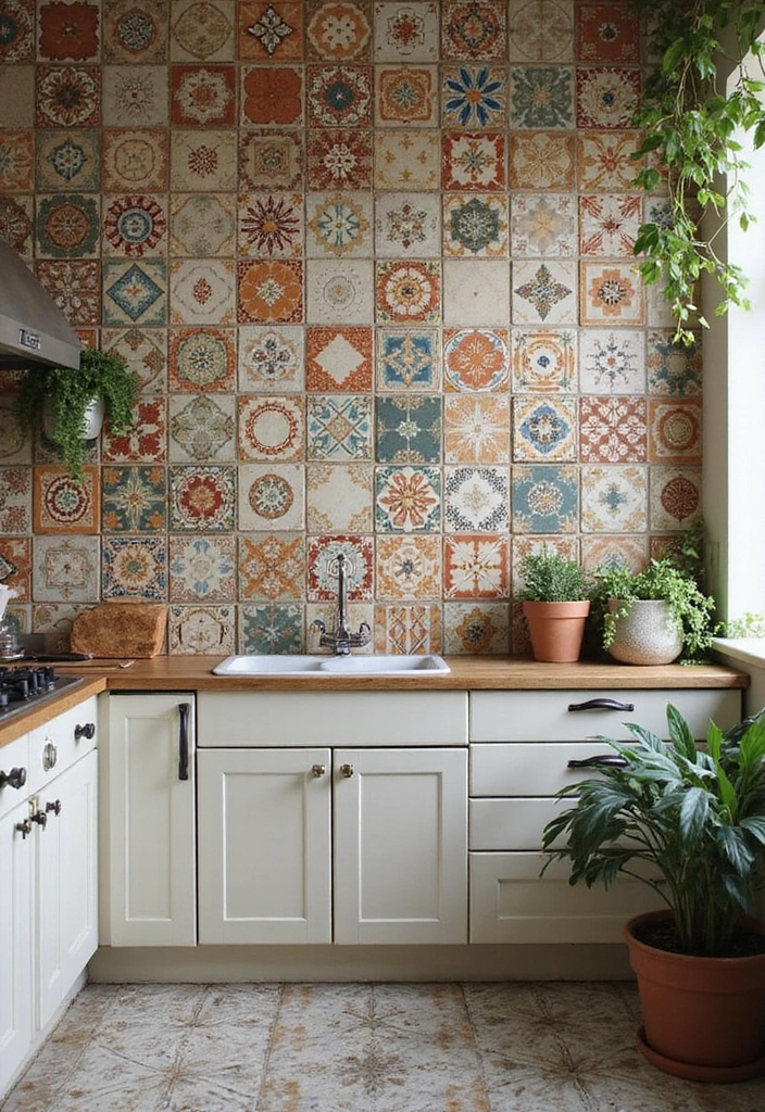 28 Bohemian Kitchen Backsplash Ideas That Pop - 4. Vintage Handcrafted Ceramics
