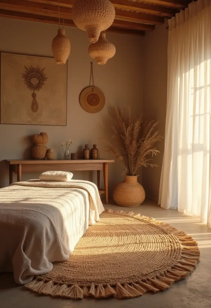 28 Bohemian Massage Room Ideas for a Calm Escape 17 28 Bohemian Massage Room Ideas for a Calm Escape - 17. Natural Fiber Rugs