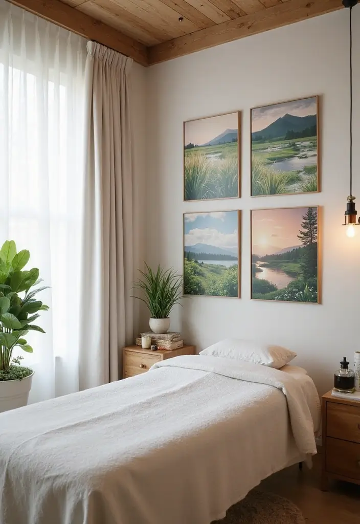28 Bohemian Massage Room Ideas for a Calm Escape 27 28 Bohemian Massage Room Ideas for a Calm Escape - 27. Nature-Inspired Wall Art