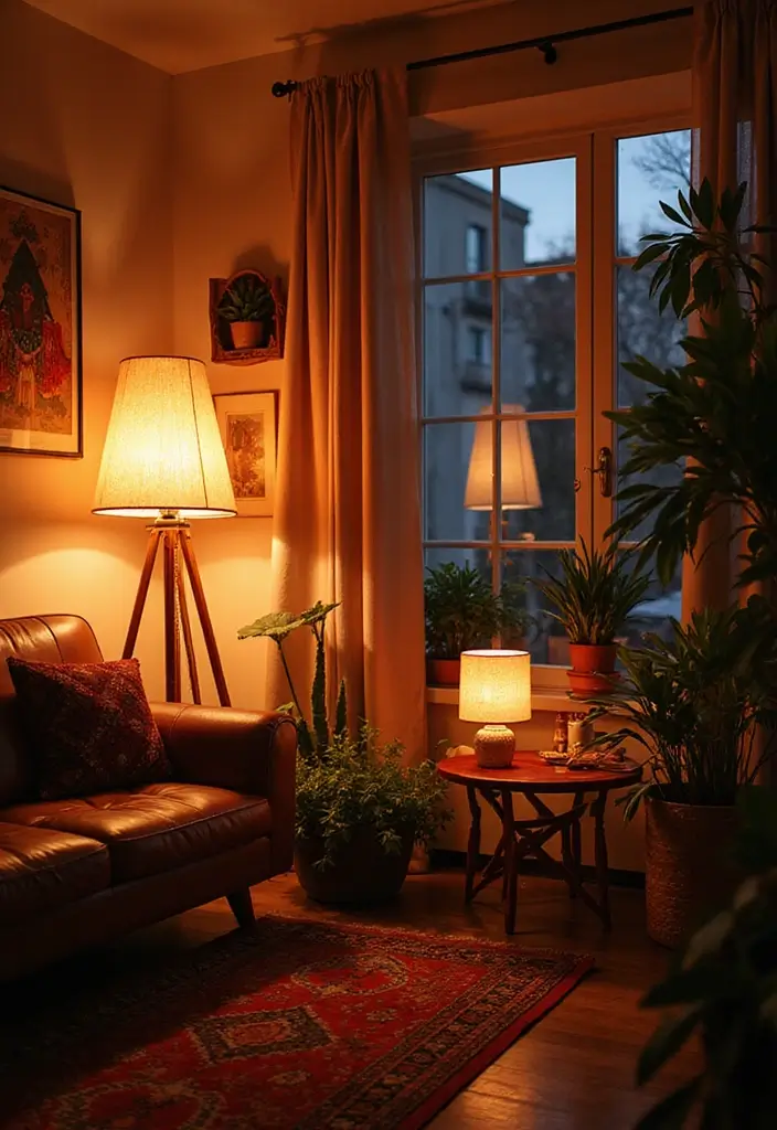 28 Eclectic Bohemian Living Room Ideas to Copy Instantly 13 28 Eclectic Bohemian Living Room Ideas to Copy Instantly - 13. Layered Lighting Effects