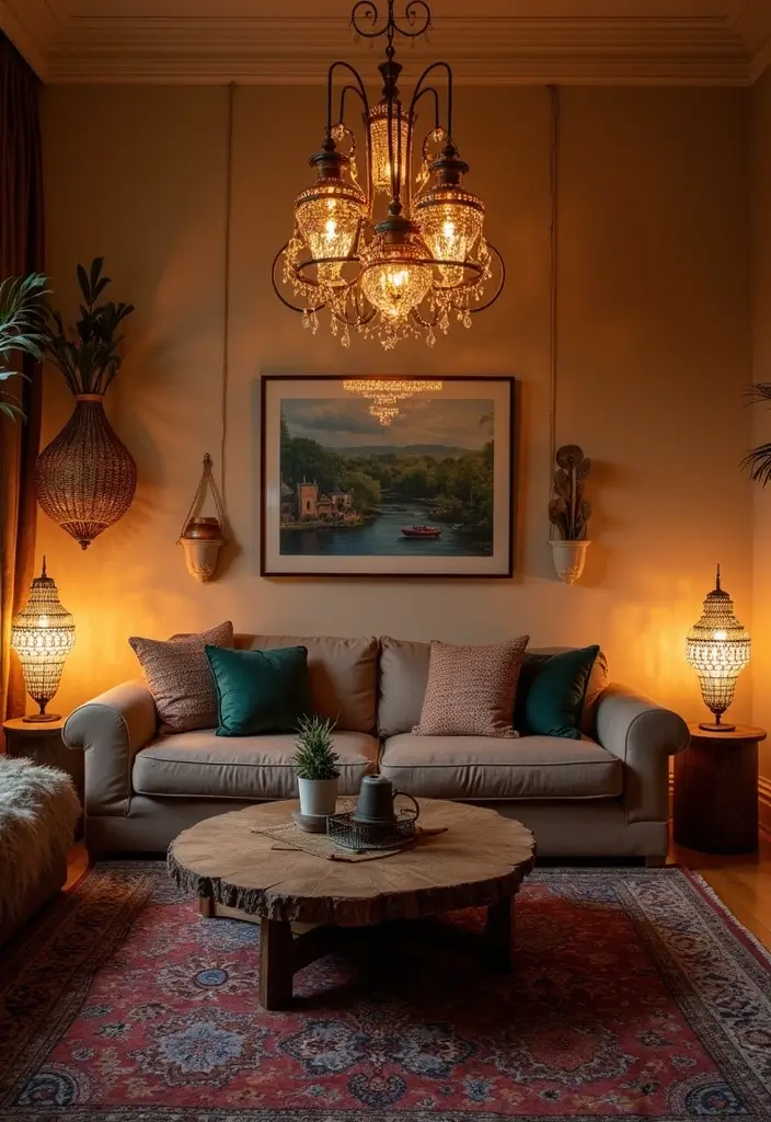 28 Eclectic Bohemian Living Room Ideas to Copy Instantly 7 28 Eclectic Bohemian Living Room Ideas to Copy Instantly - 7. Artistic Lighting Fixtures