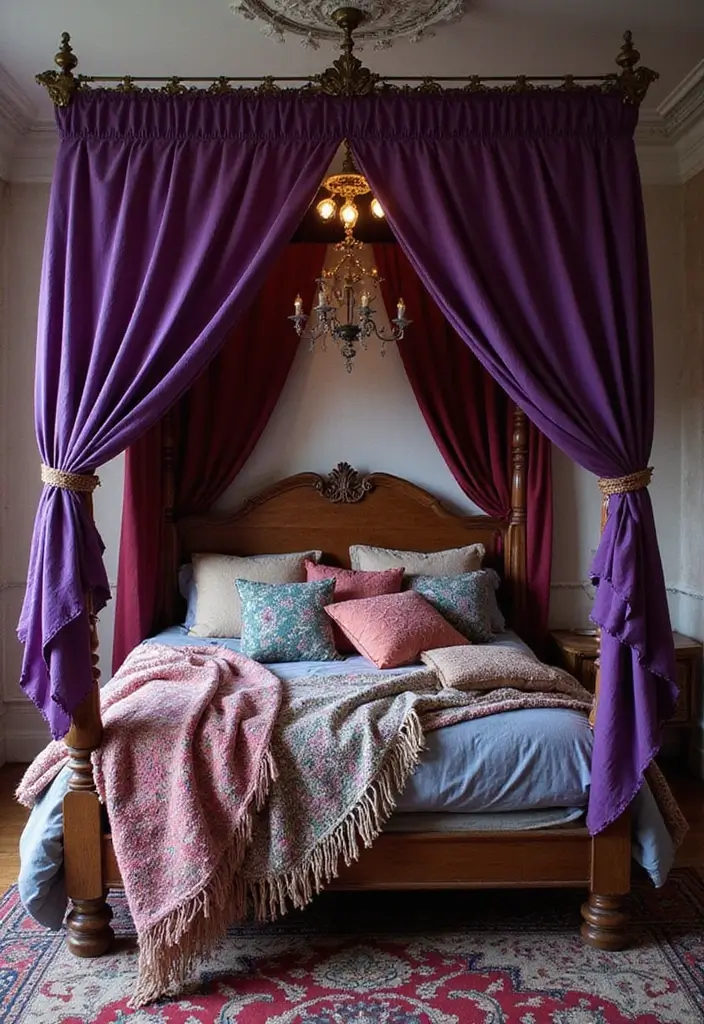 28 Purple Bohemian Bedroom Ideas Full of Character 1 28 Purple Bohemian Bedroom Ideas Full of Character - 1. Vintage Purple Canopy Bed