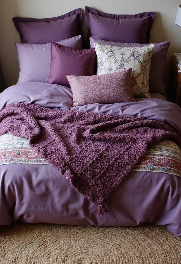 28 Purple Bohemian Bedroom Ideas Full of Character 3 28 Purple Bohemian Bedroom Ideas Full of Character - 3. Eclectic Mix of Textiles