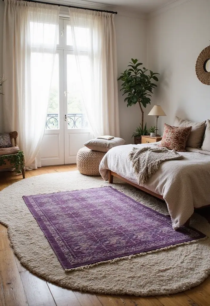 28 Purple Bohemian Bedroom Ideas Full of Character 6 28 Purple Bohemian Bedroom Ideas Full of Character - 6. Layered Rugs
