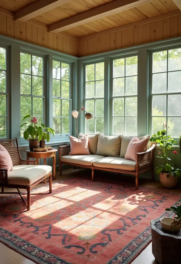 29 Bohemian Sunroom Ideas That Feel Dreamy and Light 3 29 Bohemian Sunroom Ideas That Feel Dreamy and Light - 3. Bright Area Rugs