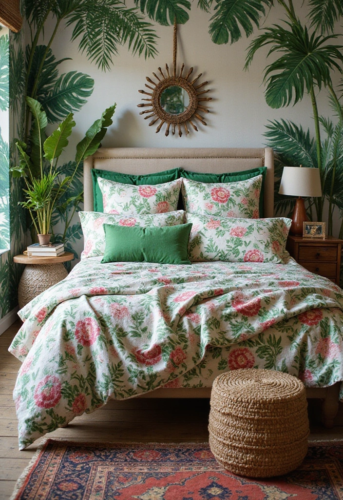 29 Jungle Bohemian Bedroom Designs with Natural Charm - 12. Tropical Prints