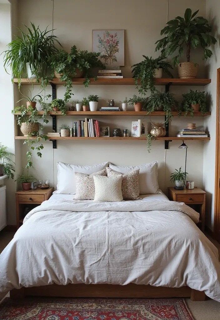 29 Jungle Bohemian Bedroom Designs with Natural Charm - 22. Open Shelving