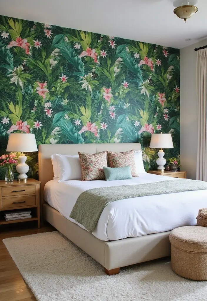 29 Jungle Bohemian Bedroom Designs with Natural Charm - 6. Tropical Wallpaper