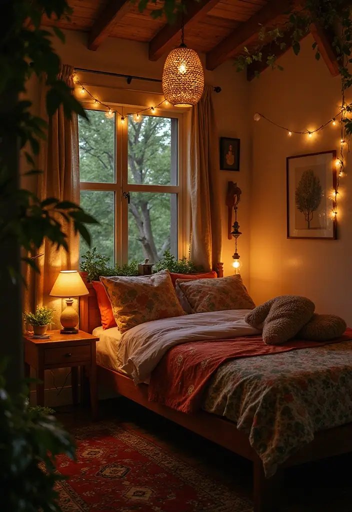 29 Jungle Bohemian Bedroom Designs with Natural Charm - 7. Layered Lighting