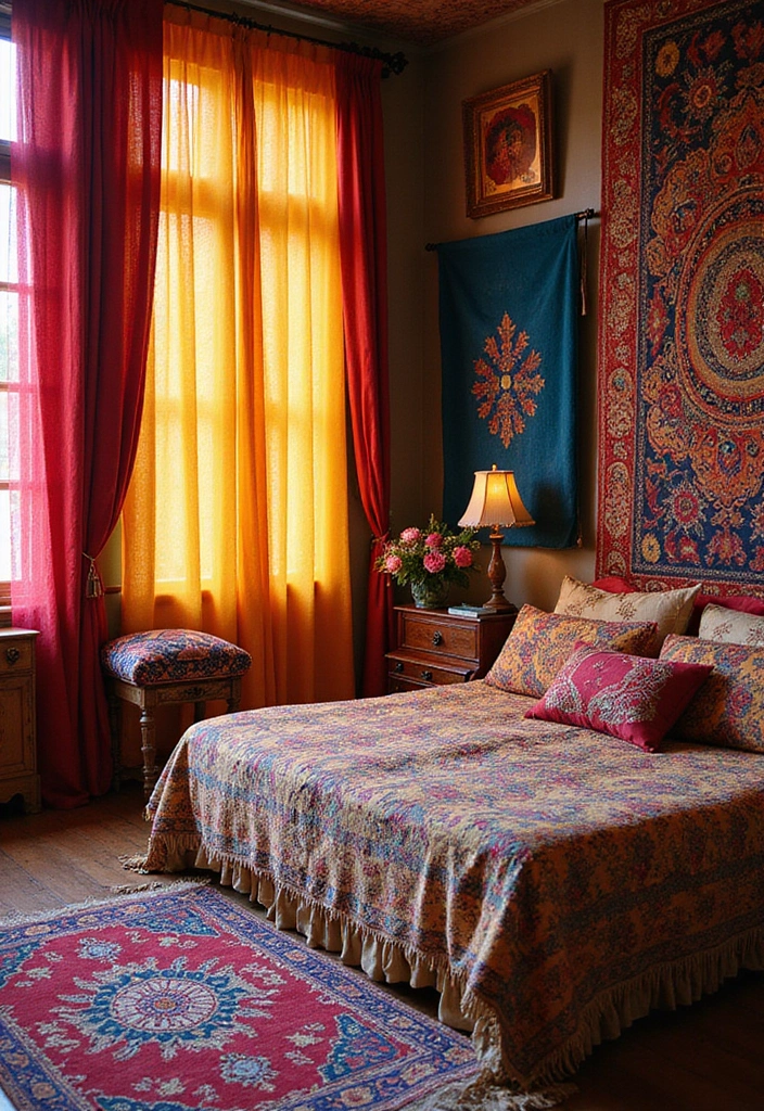 30+ Bohemian Decorating Ideas That Always Look Chic - 16. Use of Colorful Fabrics
