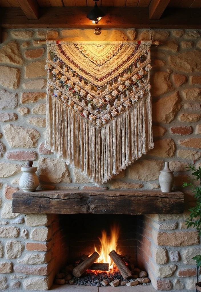 30+ Bohemian Fireplace Ideas That Feel Warm and Inviting 1 30+ Bohemian Fireplace Ideas That Feel Warm and Inviting - 1. Macramé Over the Mantel