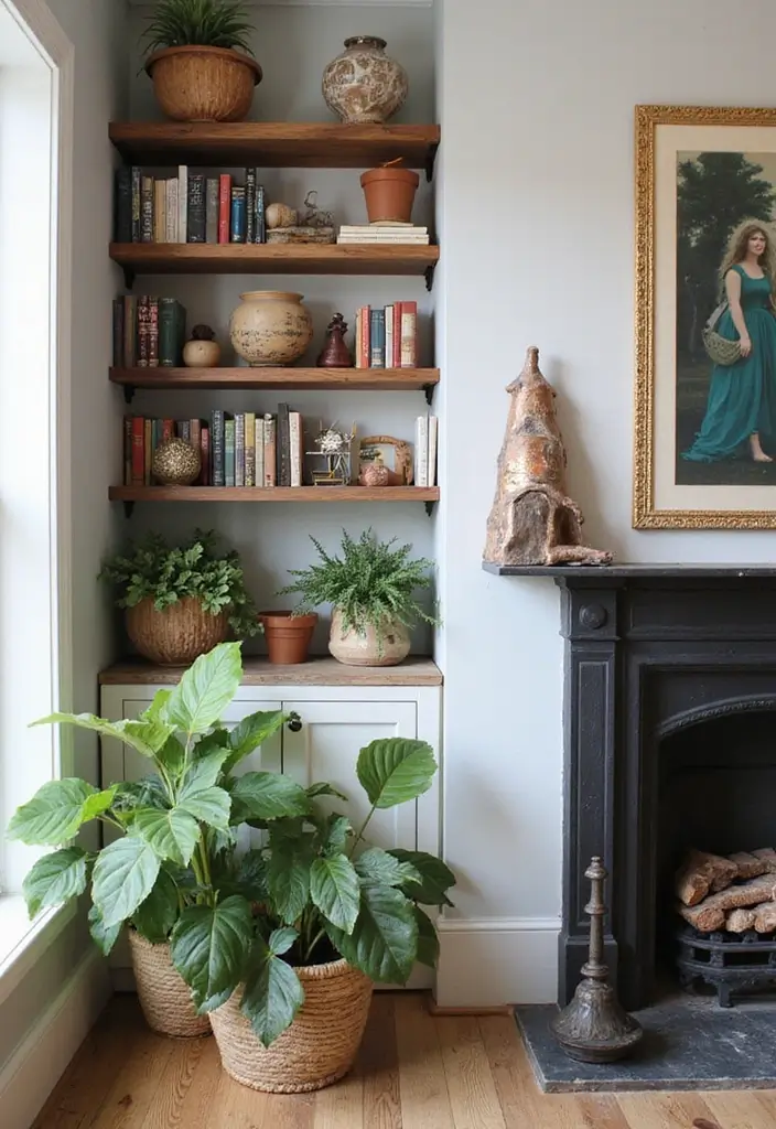 30+ Bohemian Fireplace Ideas That Feel Warm and Inviting 11 30+ Bohemian Fireplace Ideas That Feel Warm and Inviting - 11. Decorative Shelves