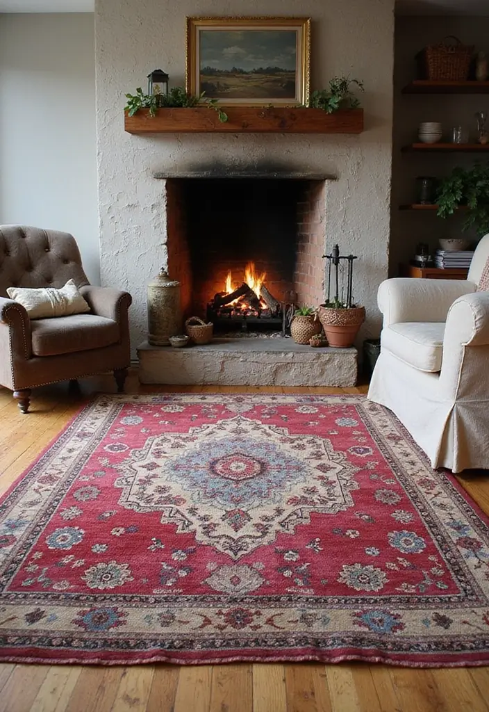30+ Bohemian Fireplace Ideas That Feel Warm and Inviting 13 30+ Bohemian Fireplace Ideas That Feel Warm and Inviting - 13. Vintage Rugs