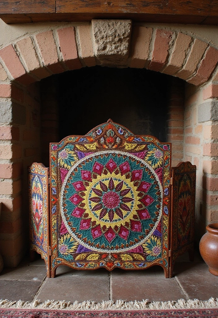 30+ Bohemian Fireplace Ideas That Feel Warm and Inviting 16 30+ Bohemian Fireplace Ideas That Feel Warm and Inviting - 16. Colorful Fire Screen