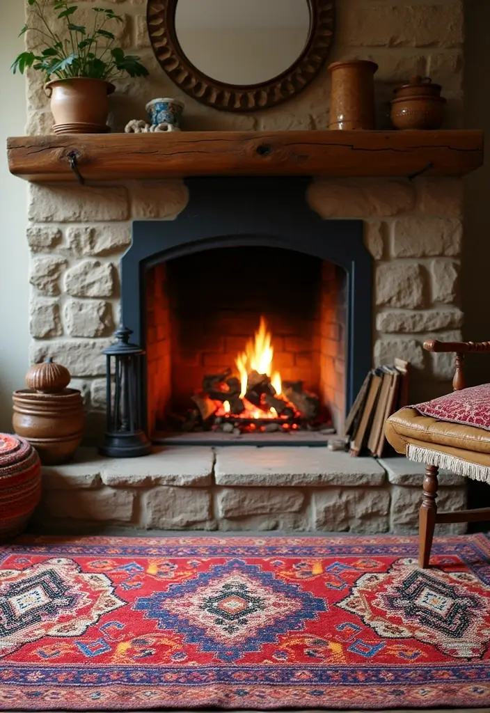 30+ Bohemian Fireplace Ideas That Feel Warm and Inviting 26 30+ Bohemian Fireplace Ideas That Feel Warm and Inviting - 26. Colorful Hearth Rugs