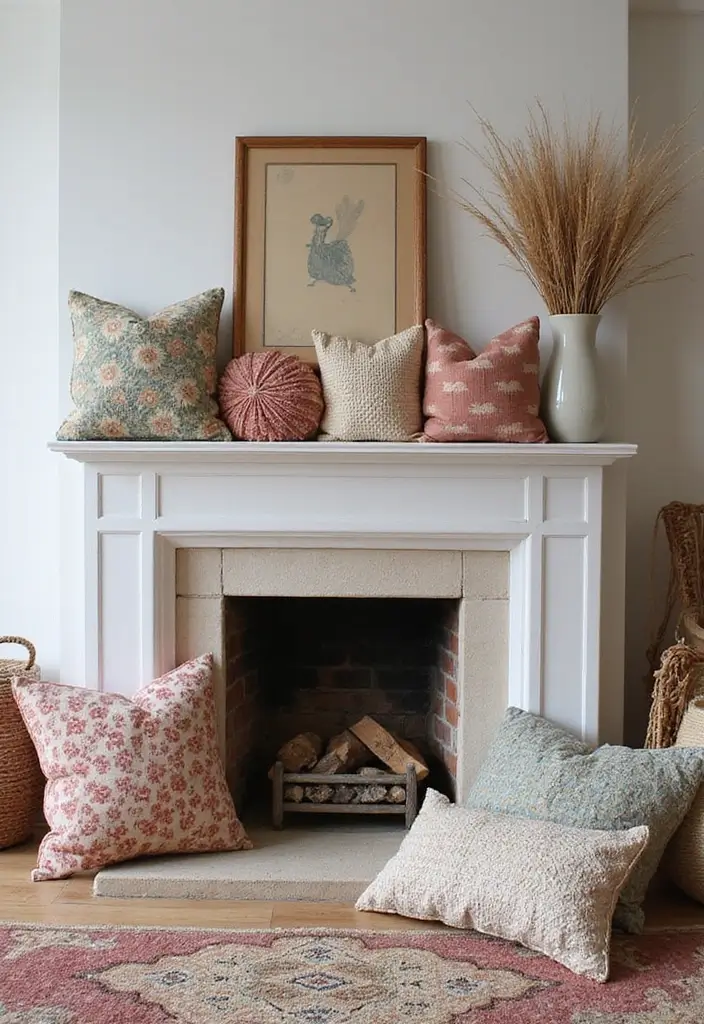 30+ Bohemian Fireplace Ideas That Feel Warm and Inviting 27 30+ Bohemian Fireplace Ideas That Feel Warm and Inviting - 27. Playful Pillows