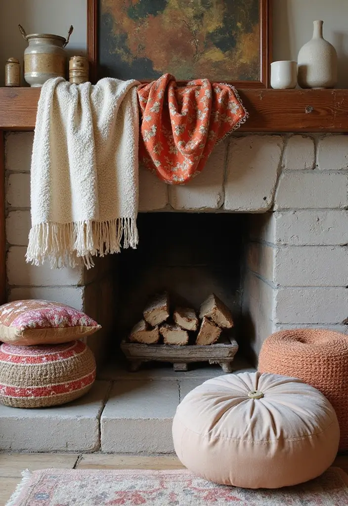 30+ Bohemian Fireplace Ideas That Feel Warm and Inviting 3 30+ Bohemian Fireplace Ideas That Feel Warm and Inviting - 3. Layered Textiles