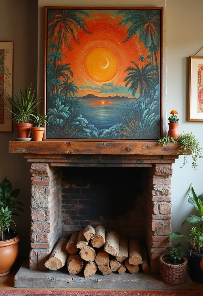 30+ Bohemian Fireplace Ideas That Feel Warm and Inviting 30 30+ Bohemian Fireplace Ideas That Feel Warm and Inviting - 30. Bohemian Themed Artwork