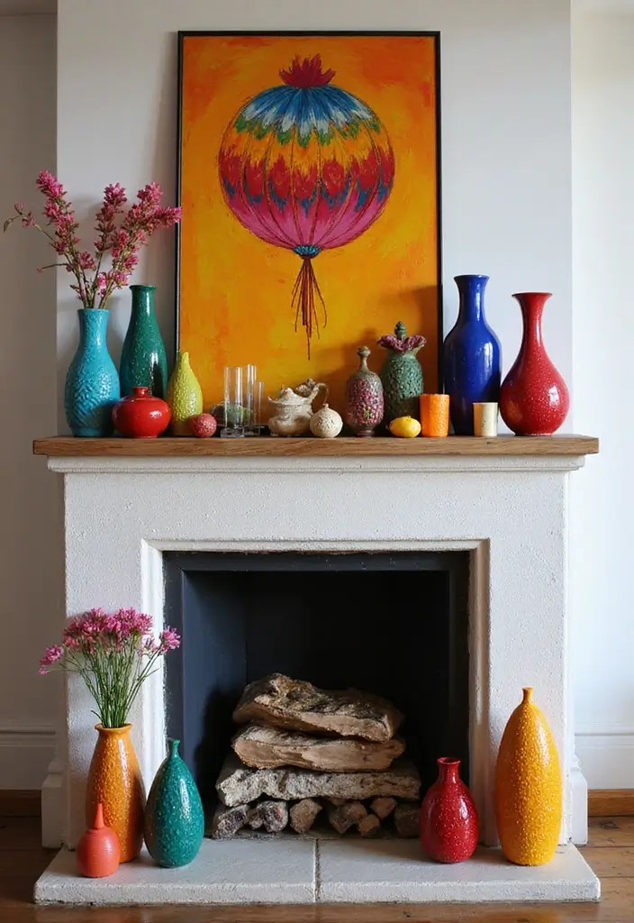 30+ Bohemian Fireplace Ideas That Feel Warm and Inviting 7 30+ Bohemian Fireplace Ideas That Feel Warm and Inviting - 7. Colorful Mantel Decor