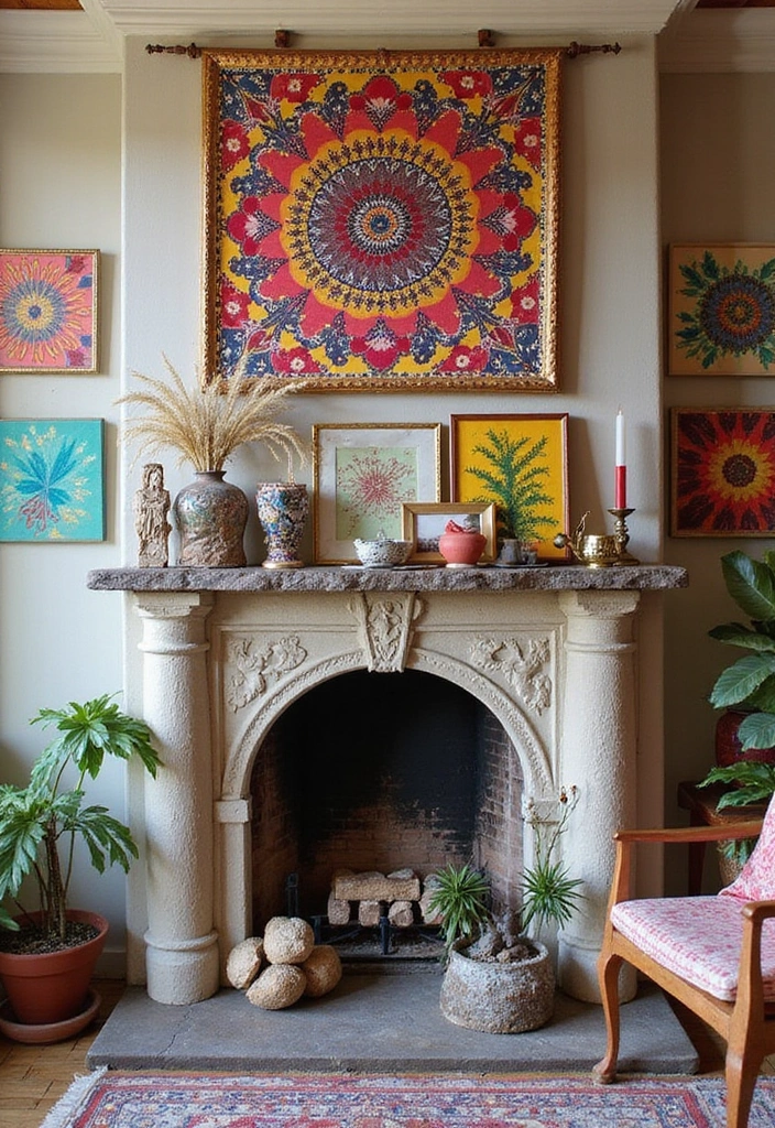 30+ Bohemian Fireplace Ideas That Feel Warm and Inviting 8 30+ Bohemian Fireplace Ideas That Feel Warm and Inviting - 8. Artistic Wall Art