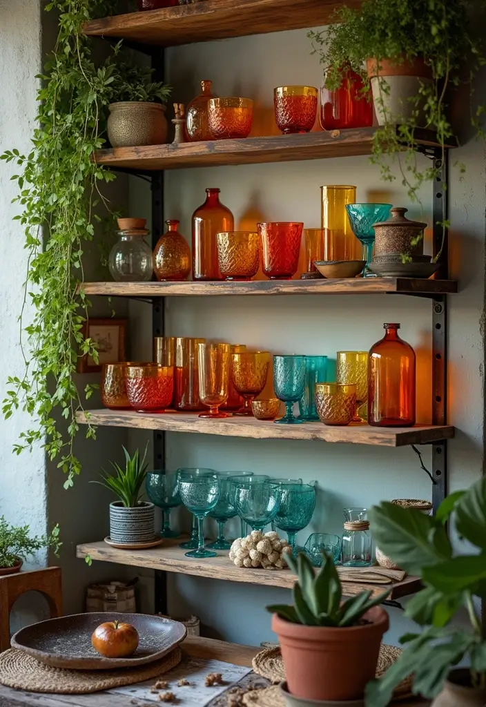 30+ Bohemian Furniture Ideas That Define the Space - 17. Vintage Glassware Displays