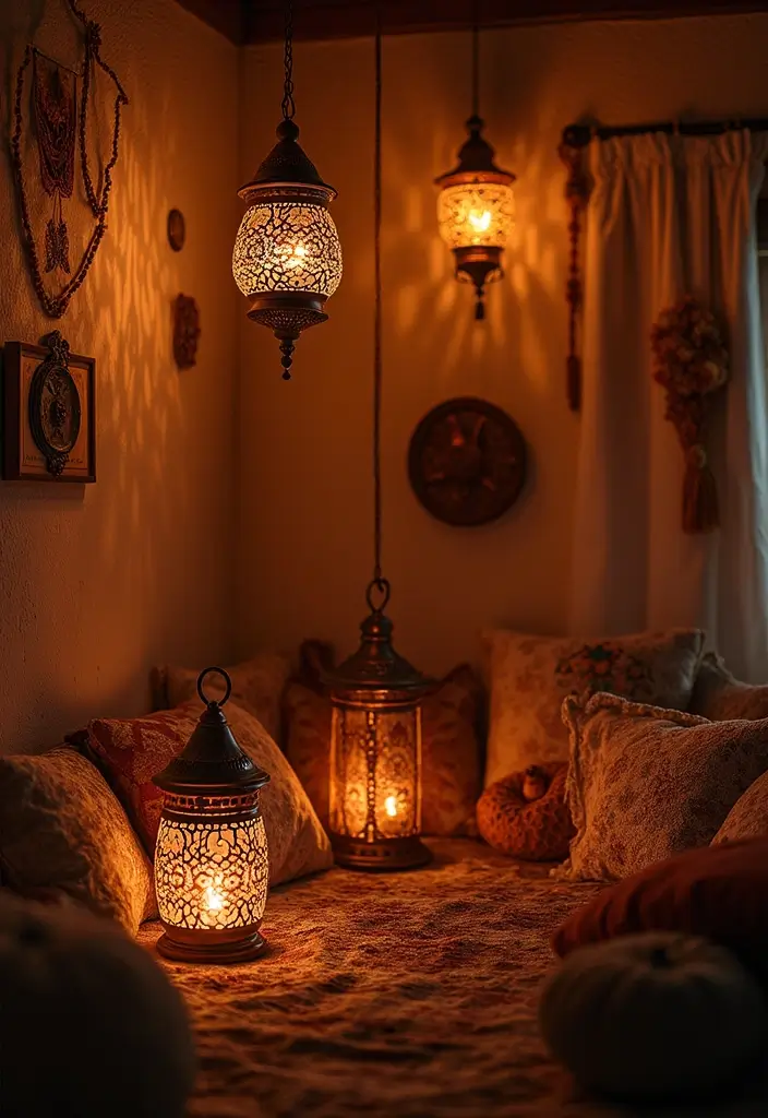 30+ Bohemian Furniture Ideas That Define the Space - 28. Soft Lighting with Lanterns