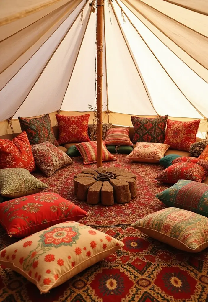 30+ Bohemian Tent Decor Ideas Perfect for Gatherings 13 30+ Bohemian Tent Decor Ideas Perfect for Gatherings - 13. Colorful Pillows and Cushions
