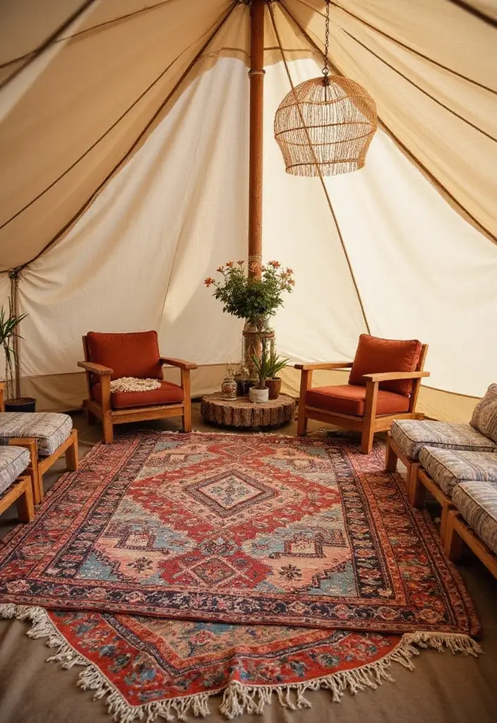 30+ Bohemian Tent Decor Ideas Perfect for Gatherings 16 30+ Bohemian Tent Decor Ideas Perfect for Gatherings - 16. Outdoor Rug Layers