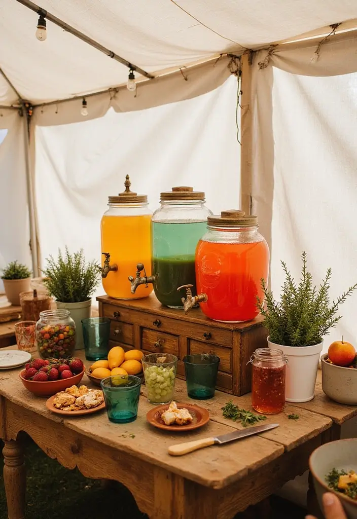 30+ Bohemian Tent Decor Ideas Perfect for Gatherings 19 30+ Bohemian Tent Decor Ideas Perfect for Gatherings - 19. Customized Drink Stations