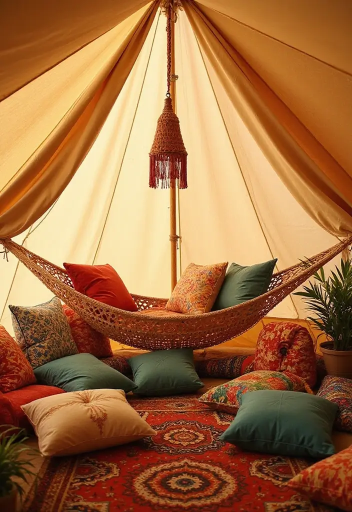 30+ Bohemian Tent Decor Ideas Perfect for Gatherings 23 30+ Bohemian Tent Decor Ideas Perfect for Gatherings - 23. Cozy Hammock Nooks