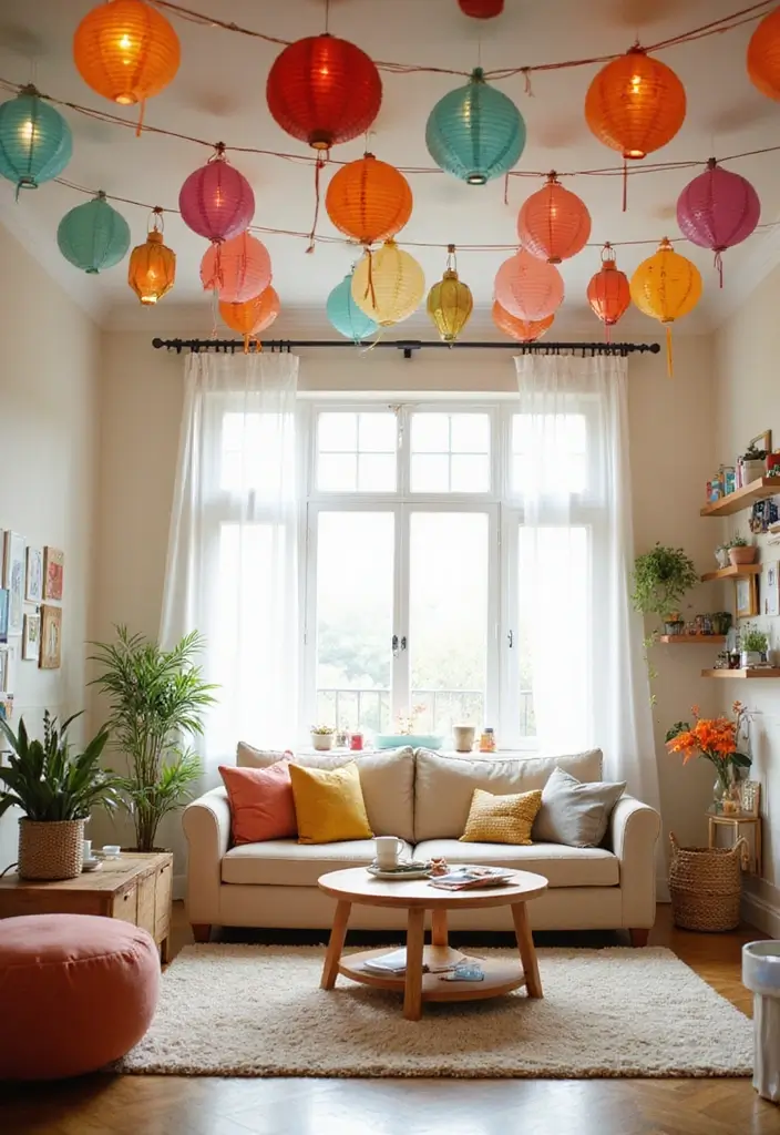 30+ Toca Boca Bohemian House Living Room Inspirations - 29. Playful Ceiling Decor