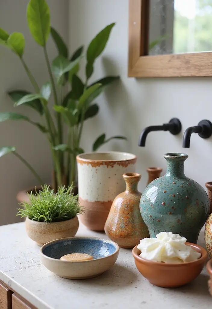 30+ Vintage Bohemian Bathroom Ideas That Feel Timeless - 10. Artisan Pottery