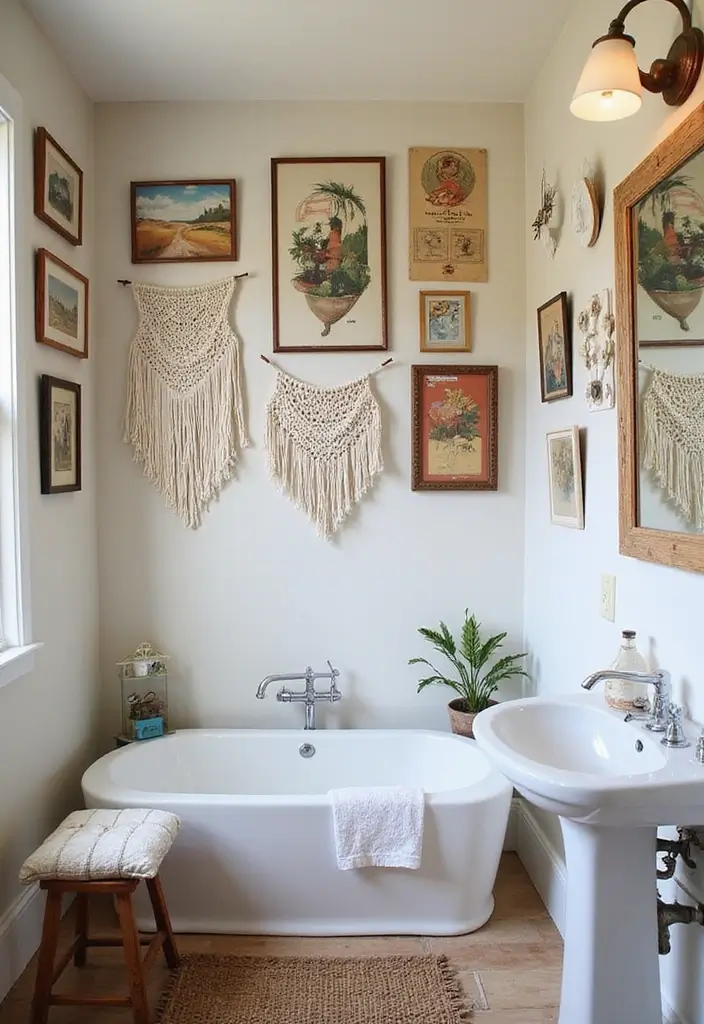 30+ Vintage Bohemian Bathroom Ideas That Feel Timeless - 11. Whimsical Wall Art