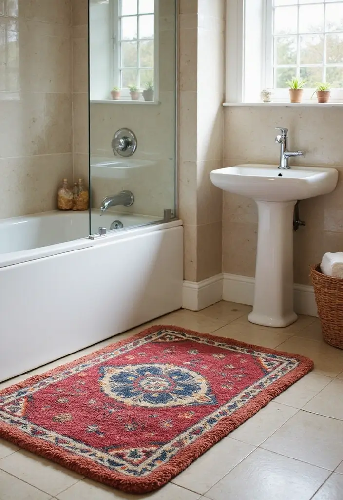 30+ Vintage Bohemian Bathroom Ideas That Feel Timeless - 13. Cozy Bath Mats