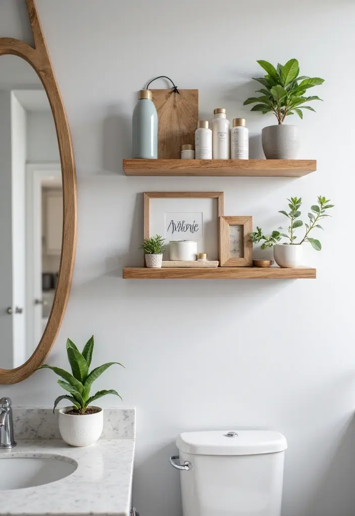 30+ Vintage Bohemian Bathroom Ideas That Feel Timeless - 14. Floating Shelves