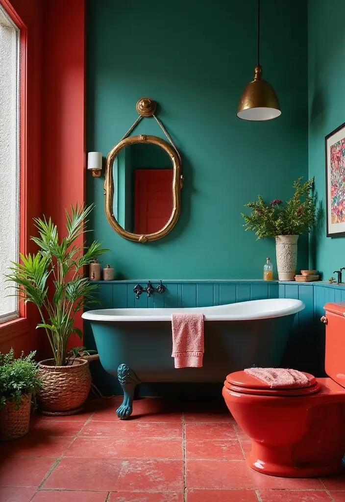 30+ Vintage Bohemian Bathroom Ideas That Feel Timeless - 15. Bold Color Palettes