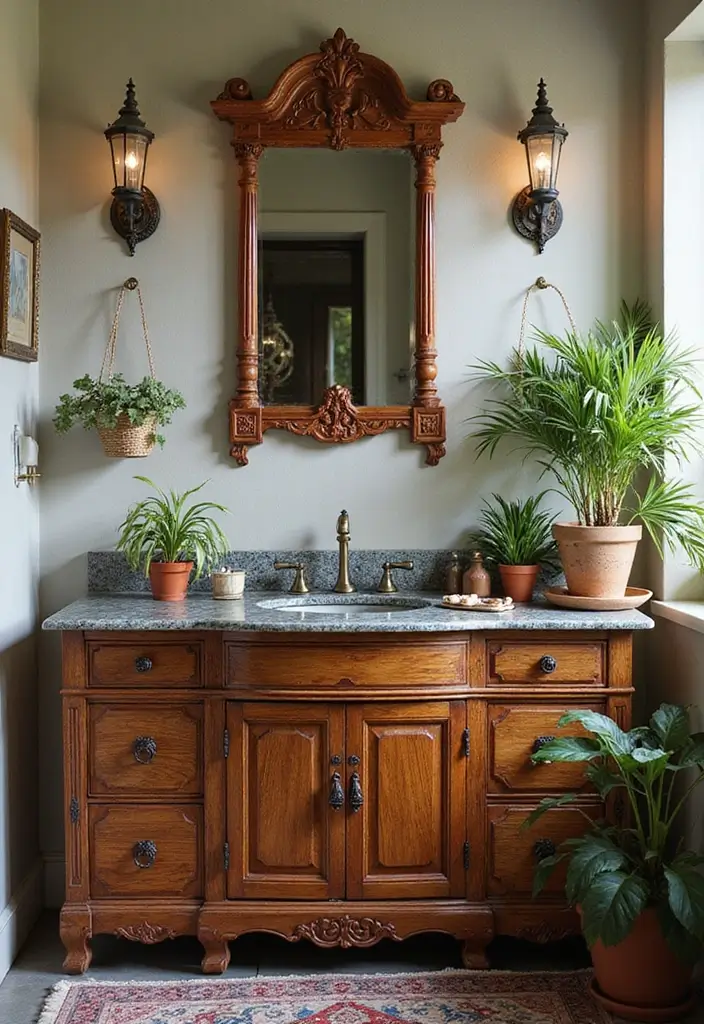 30+ Vintage Bohemian Bathroom Ideas That Feel Timeless - 2. Vintage Vanity with a Twist