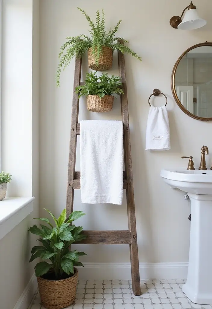 30+ Vintage Bohemian Bathroom Ideas That Feel Timeless - 23. Vintage Ladder as Décor