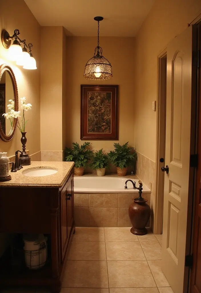 30+ Vintage Bohemian Bathroom Ideas That Feel Timeless - 24. Layered Lighting
