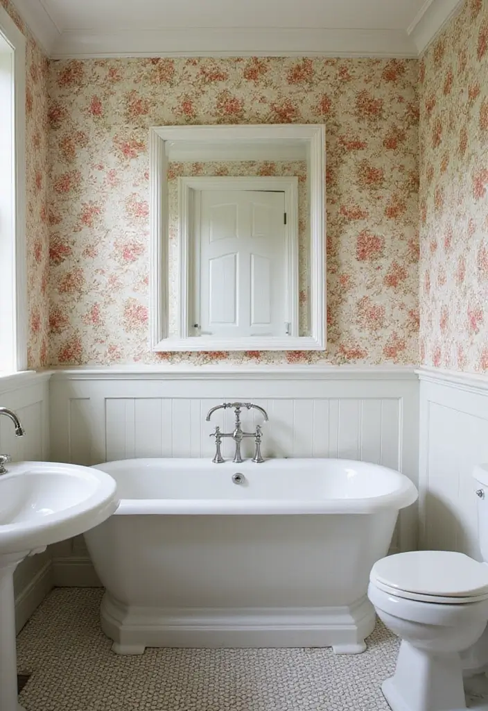 30+ Vintage Bohemian Bathroom Ideas That Feel Timeless - 29. Vintage-inspired Wallpaper