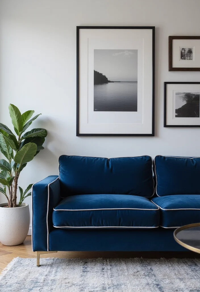 10 Blue and Silver Living Room Ideas for Cool Elegant Contrast - 1. Navy Velvet Sofa with Silver Trim
