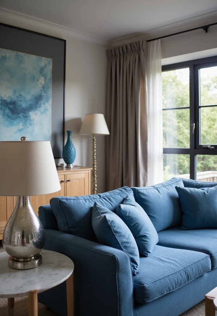 10 Blue and Silver Living Room Ideas for Cool Elegant Contrast - 10. Layered Lighting for Blue and Silver Ambiance